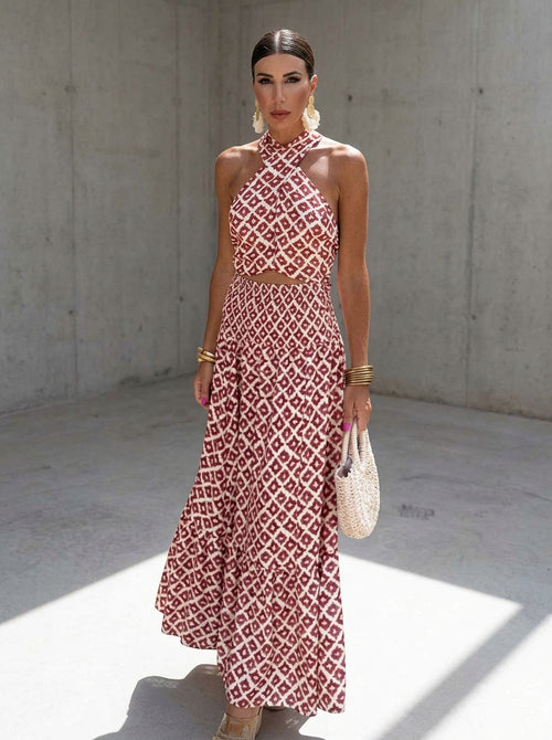 Women’s Maxi Dress with Criss-Cross Halter Neck and Waist Cut-Out Detail