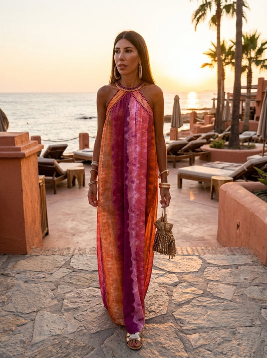 Women’s Halter Maxi Dress with Embroidered Neckline and Ombre Plissé Pleats