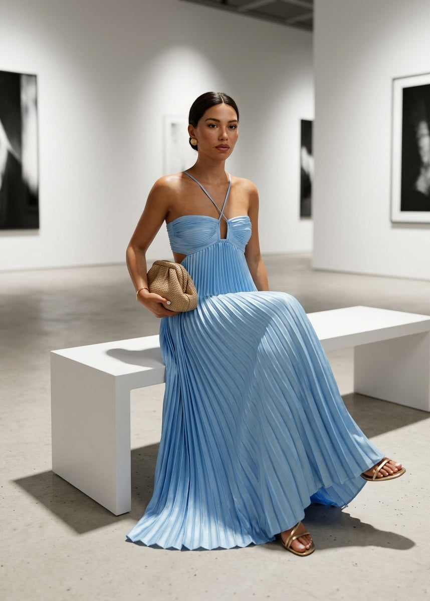 Women’s Pleated Halter Maxi Dress Cut Out Backless Wedding Guest Gown