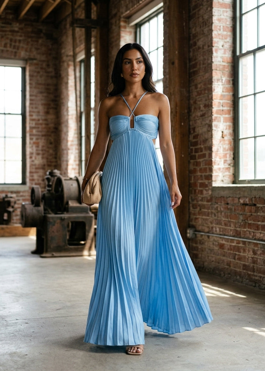 Women’s Pleated Halter Maxi Dress Cut Out Backless Wedding Guest Gown