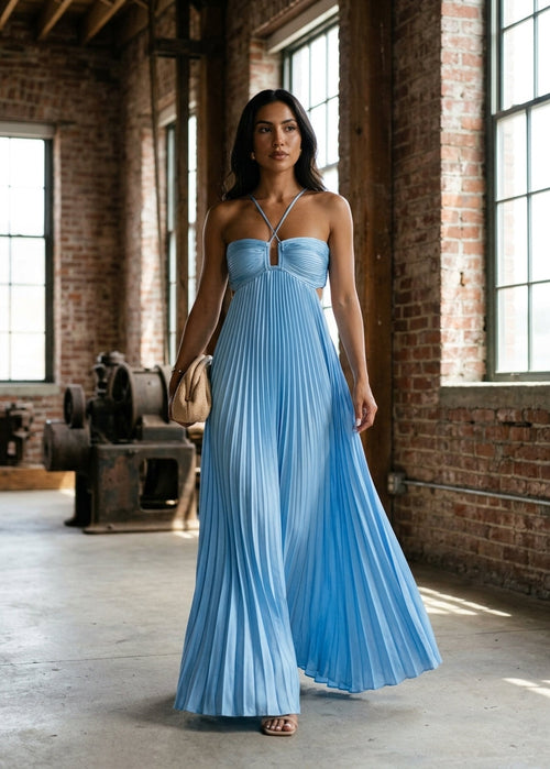 Women’s Pleated Halter Maxi Dress Cut Out Backless Wedding Guest Gown