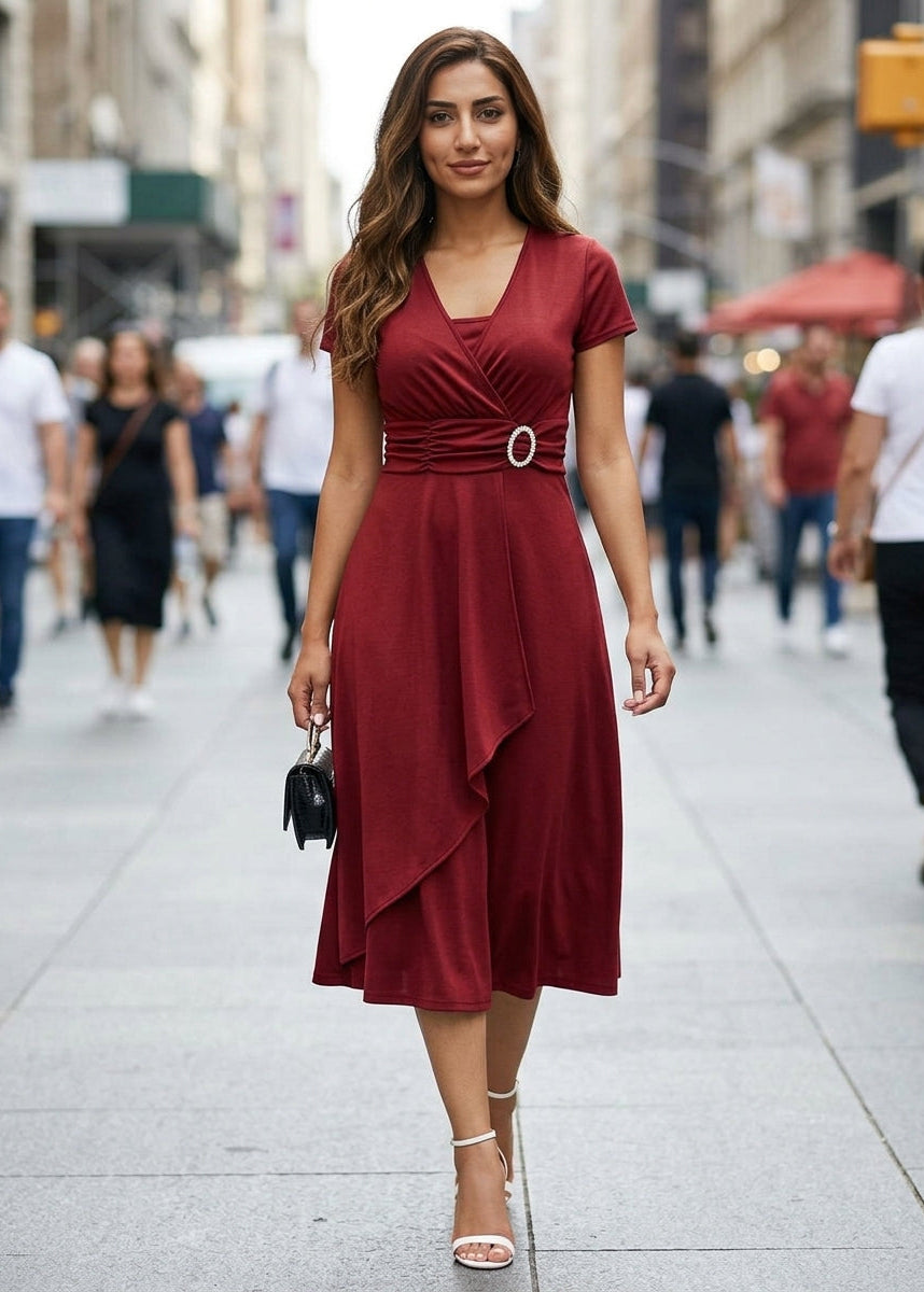 Women's Midi Dress Faux Wrap V-Neck Ruched Waist Cocktail Gown