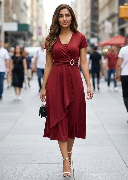 Women's Midi Dress Faux Wrap V-Neck Ruched Waist Cocktail Gown