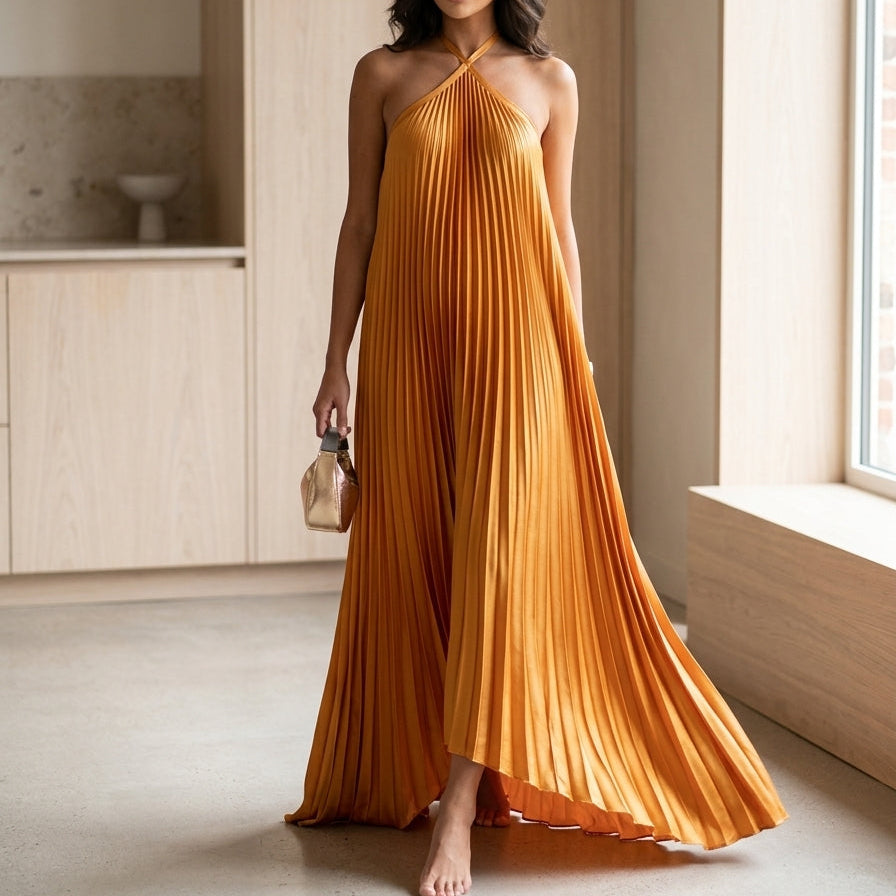 Women’s Pleated Maxi Dress Halter Neck Trapeze Silhouette Evening Gown