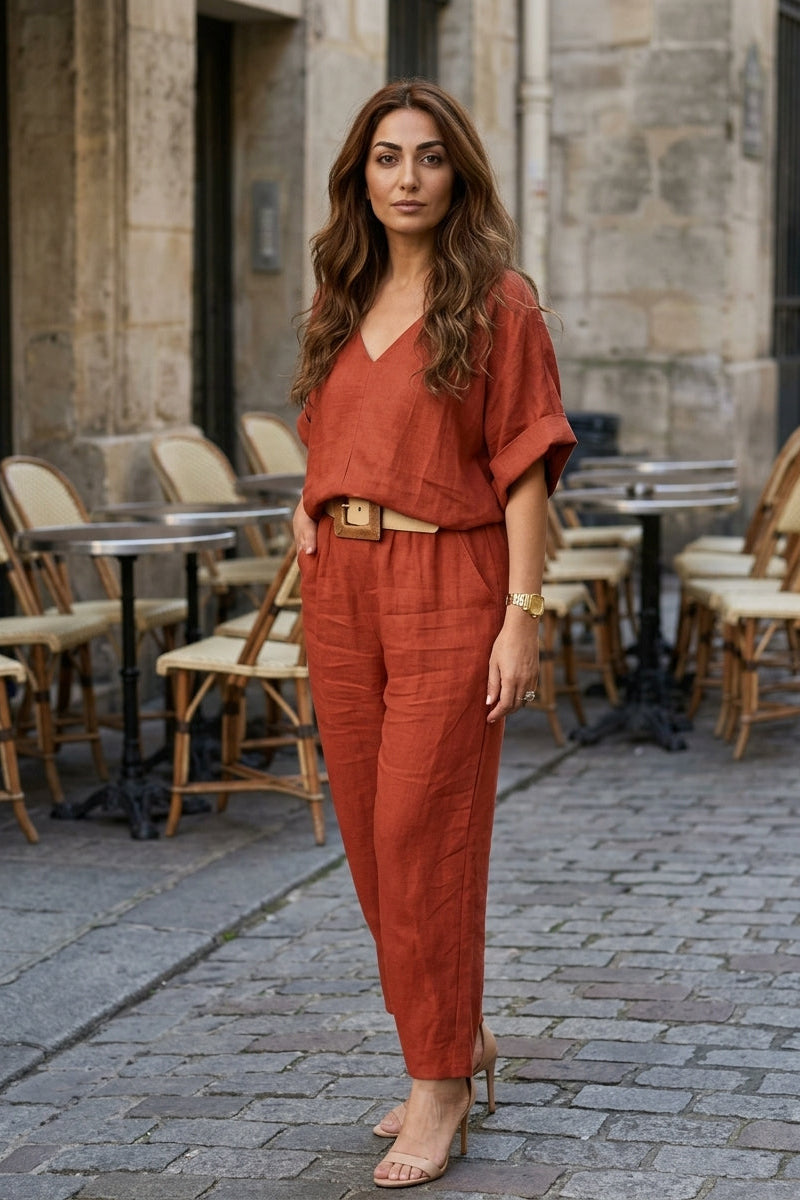 Women’s 2-Piece Set with V-Neck Batwing Top and Straight Leg Pants