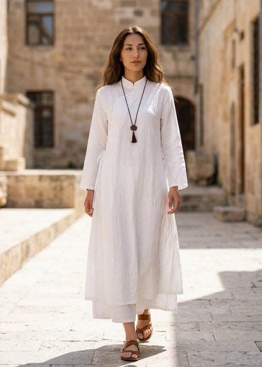 Women’s Maxi Dress Frog Button Design Side Lace-Up Cotton Linen Gown