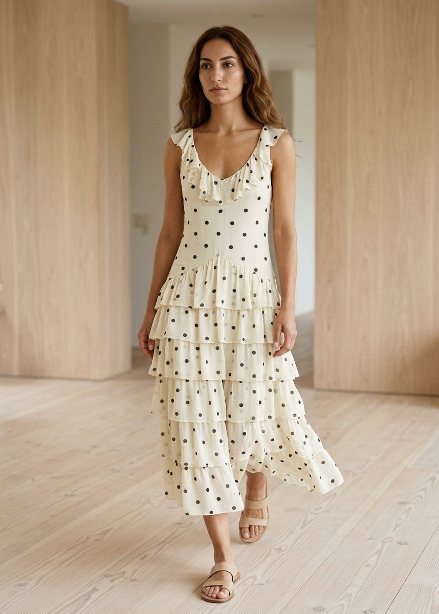 Women’s Tiered Midi Dress with Ruffle Neckline and Polka Dot Print
