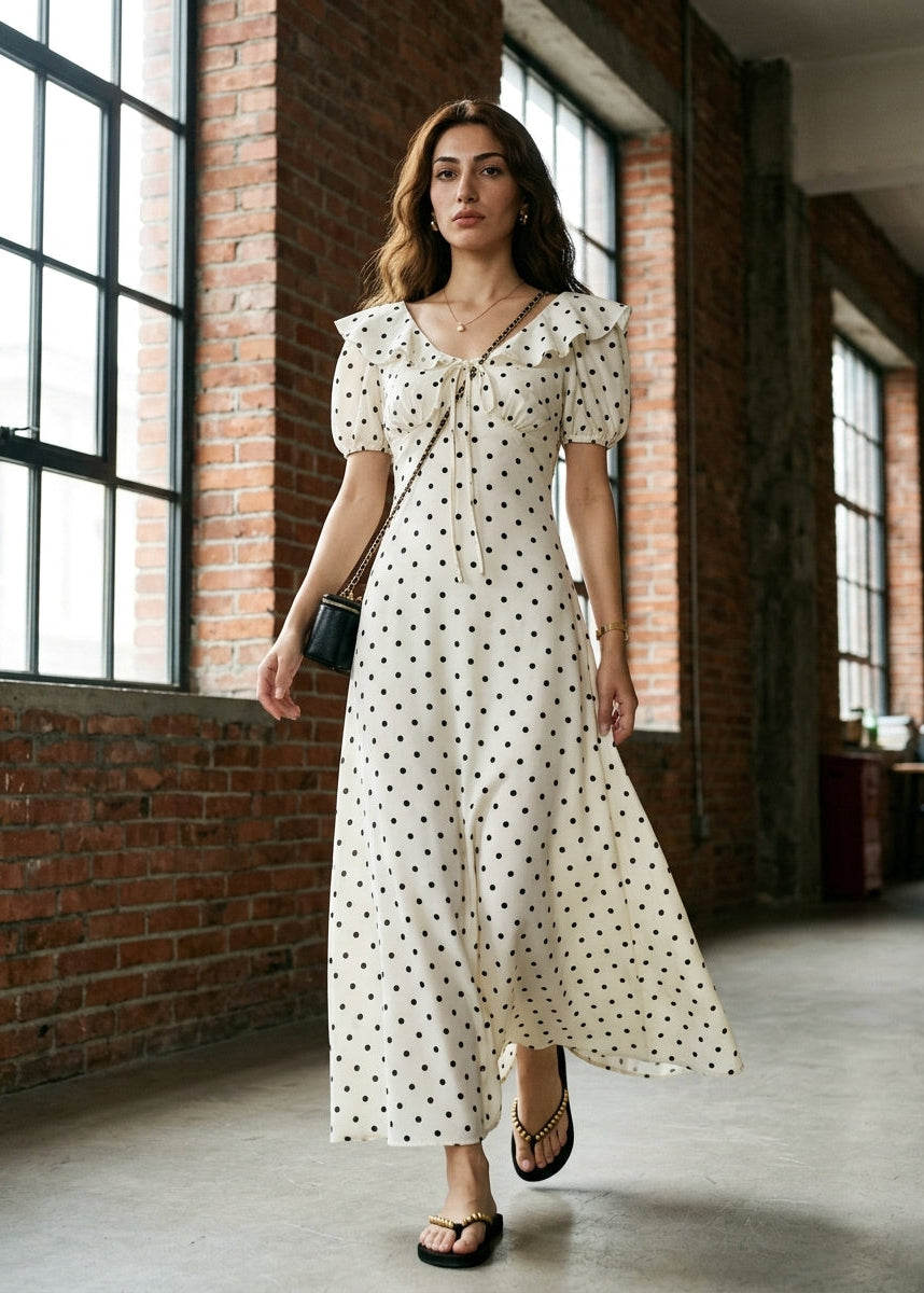Women's Polka Dot Maxi Dress with Ruffle Neck and Front Tie