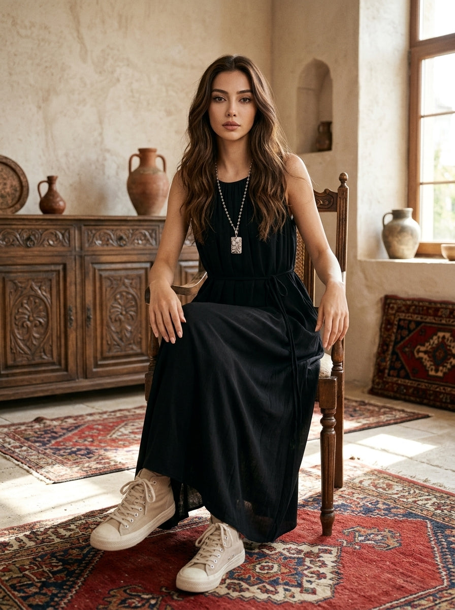 Women’s Ribbed Knit Maxi Dress with Scoop Neck and Camisole Straps