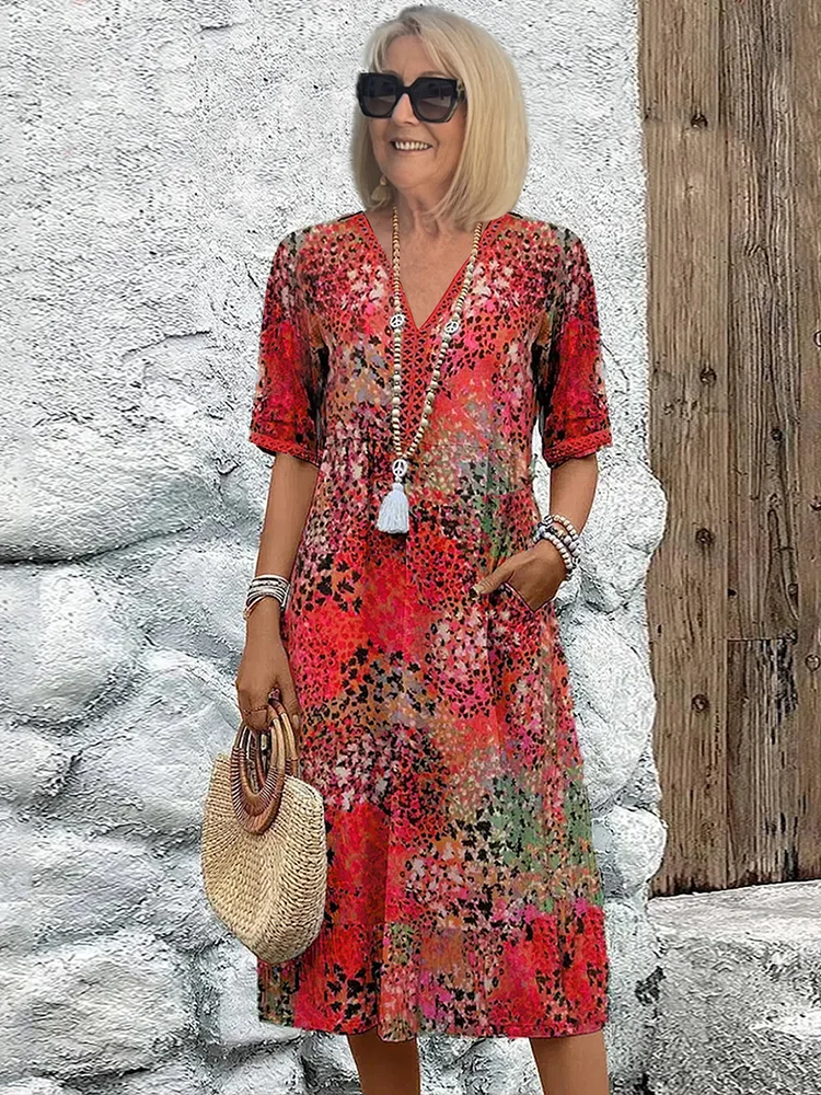 Women’s Midi Dress with V-Neckline and Artisanal Abstract Floral Print