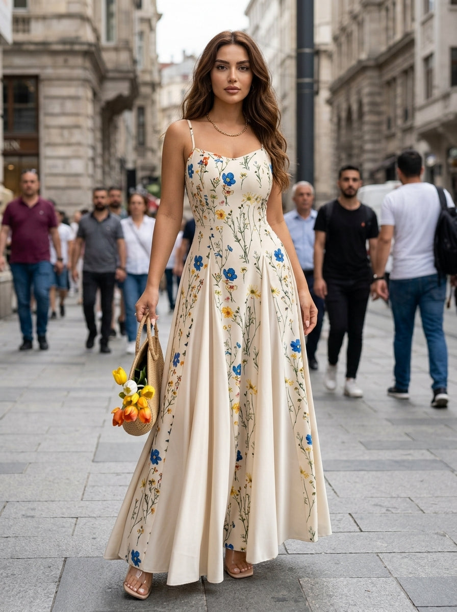 Women’s Floral Maxi Sundress with Cami Straps and Pleated Skirt