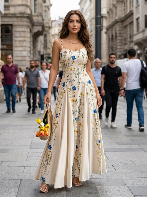 Women’s Floral Maxi Sundress with Cami Straps and Pleated Skirt