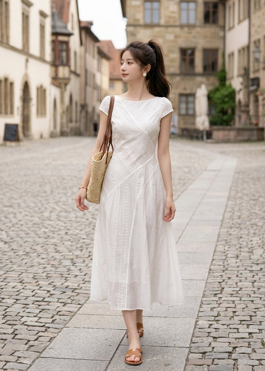Women’s Cap Sleeve Midi Dress with Embroidered Lace Inset and A-Line Silhouette