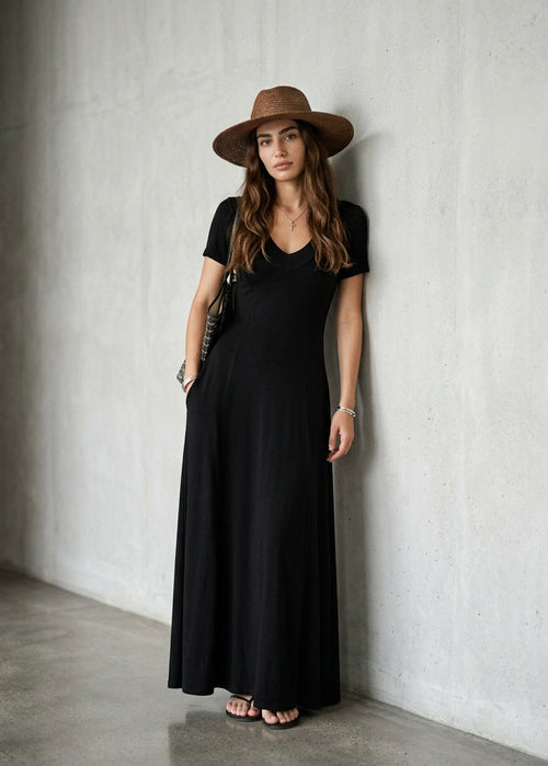 Women’s Maxi Dress with V-Neck and Short Puff Sleeves