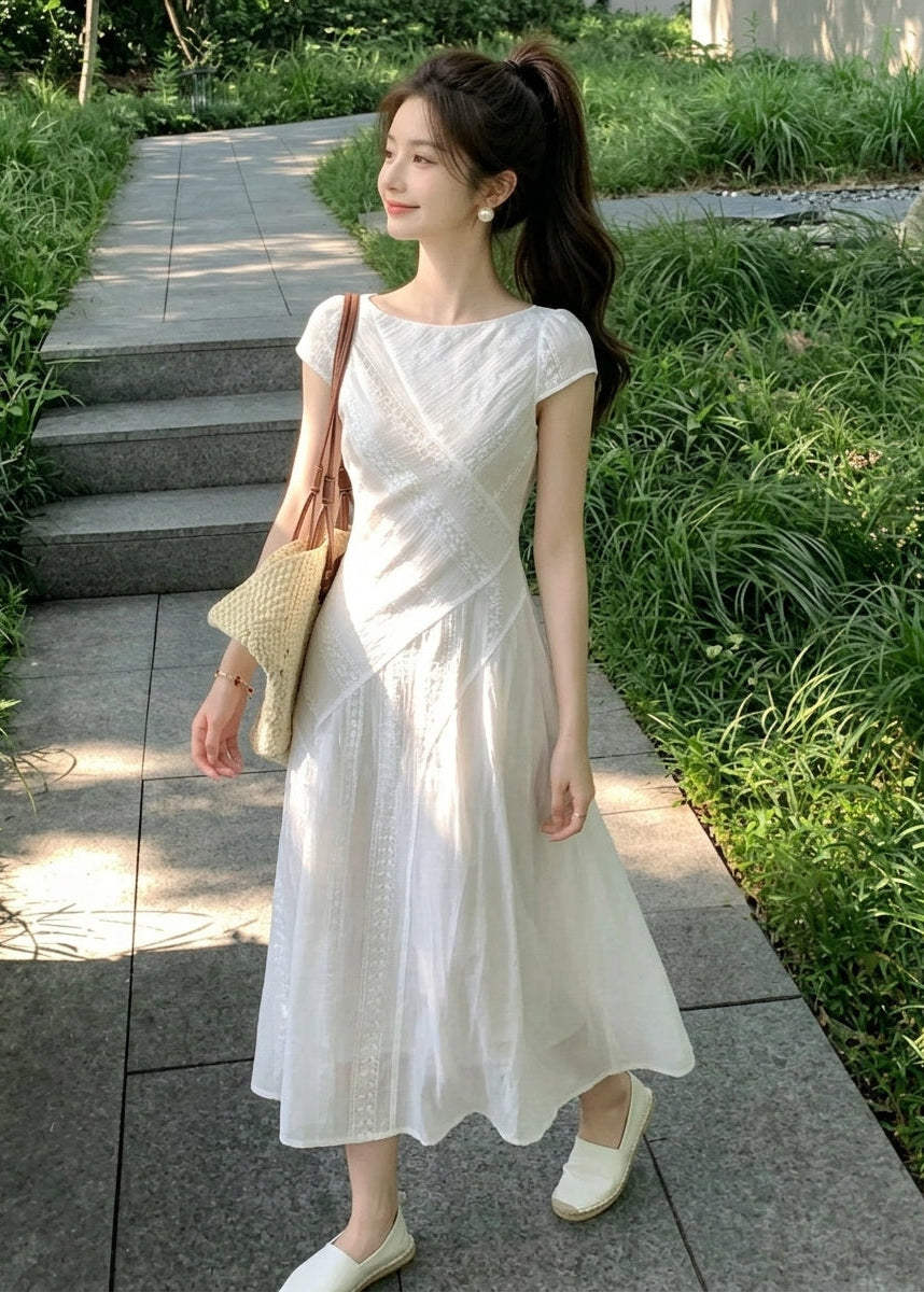 Women’s Cap Sleeve Midi Dress with Embroidered Lace Inset and A-Line Silhouette
