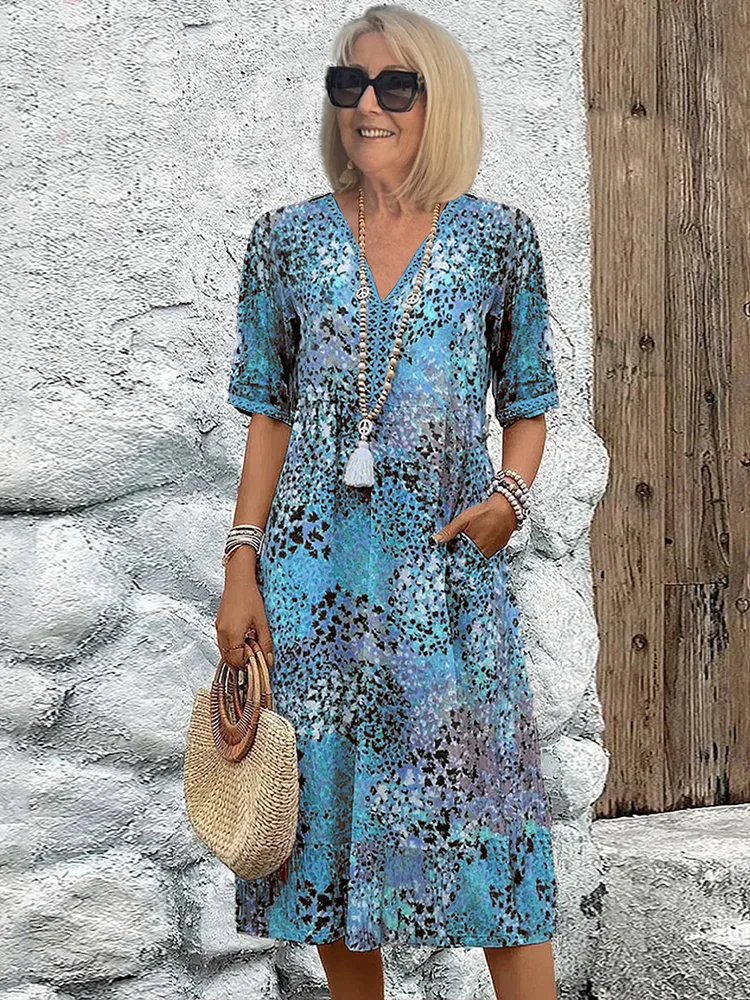 Women’s Midi Dress with V-Neckline and Artisanal Abstract Floral Print