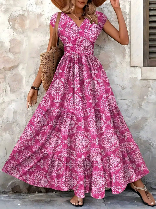 Women’s Tiered Maxi Dress with Smocked Bodice and Damask Boho Print