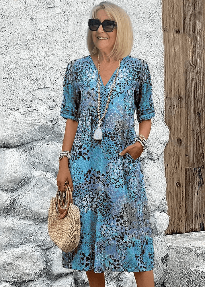 Women’s Floral V-Neck Shift Dress with Pockets and Boho Tassel Detail