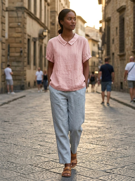Women’s Short Sleeve Linen Top with Peter Pan Collar and Relaxed Fit