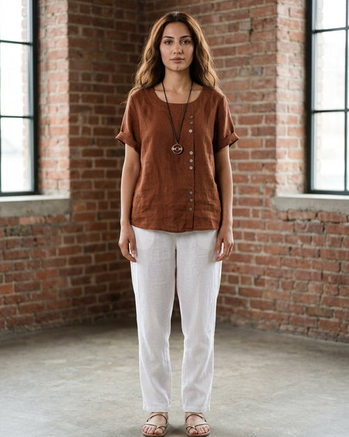 Women’s Casual Top with Crew Neckline and Asymmetric Button Front
