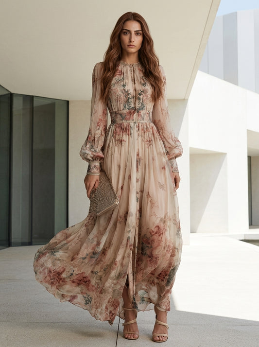 Women’s Floral Maxi Dress with Balloon Sleeves and Embroidered Bodice