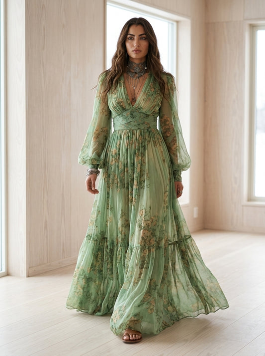 Women’s Floral Maxi Dress with Balloon Sleeves and Plunging V-Neck