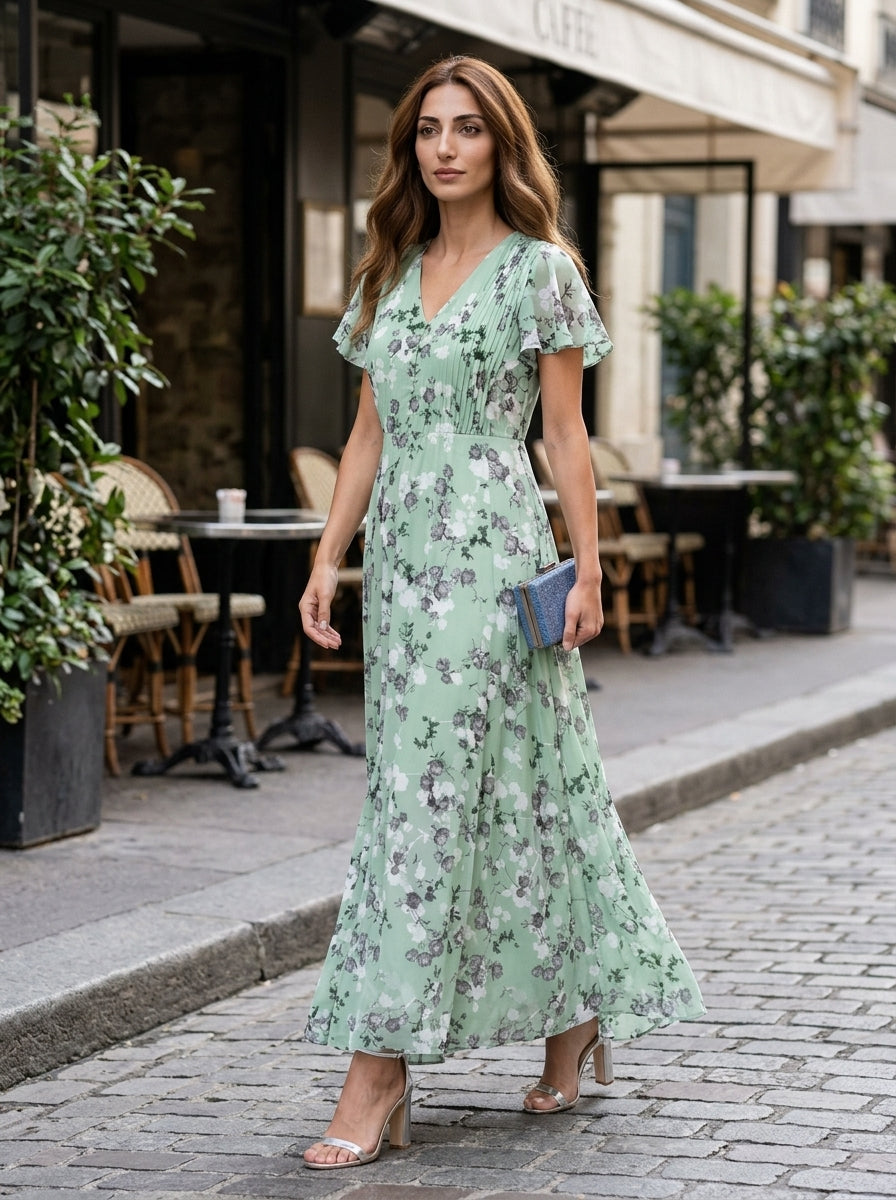 Women’s Floral Maxi Dress with Flutter Sleeves and V-Neck