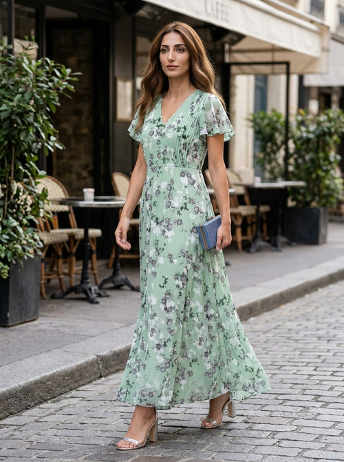 Women’s Floral Maxi Dress with Flutter Sleeves and V-Neck