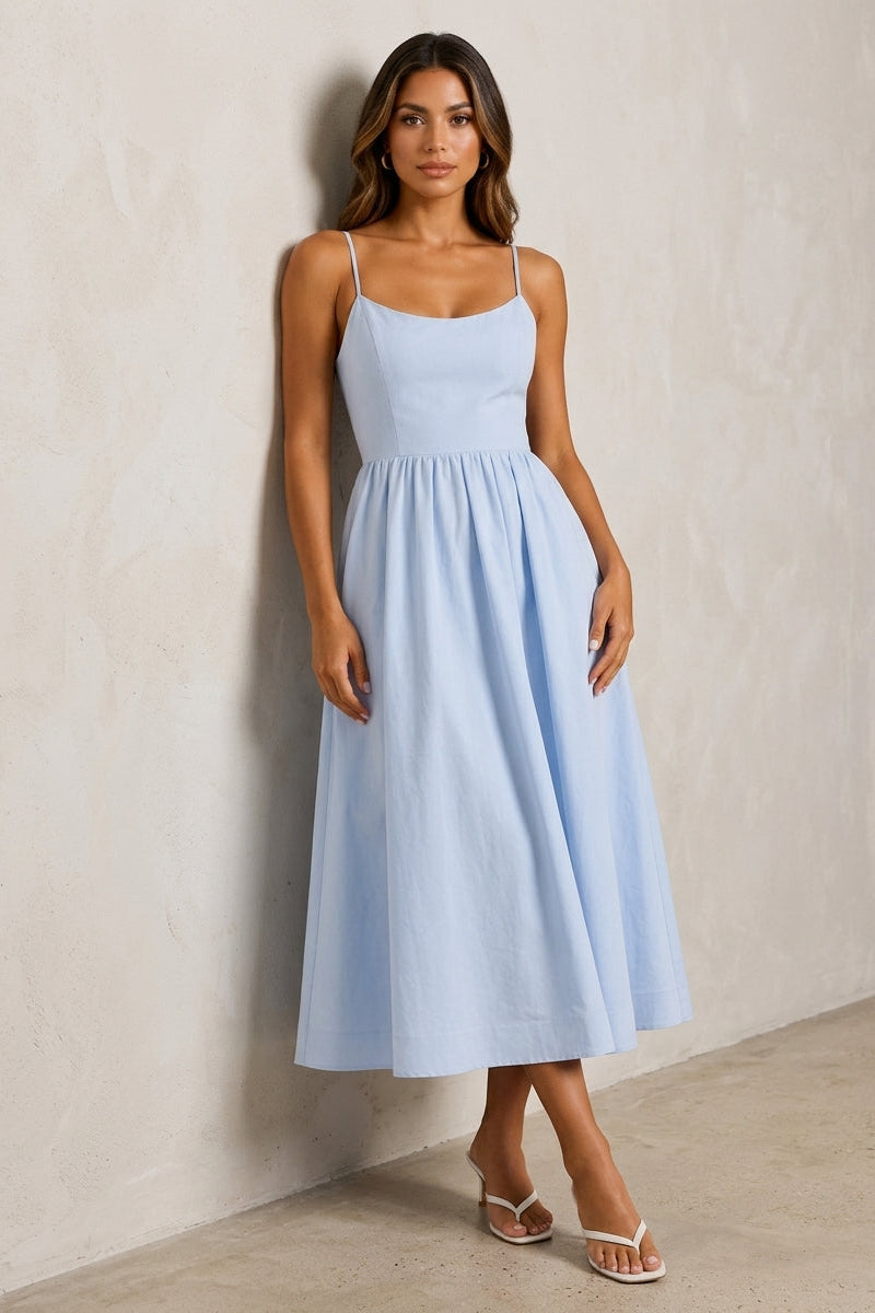 Women’s Midi Dress with Square Neckline and Flared Skirt