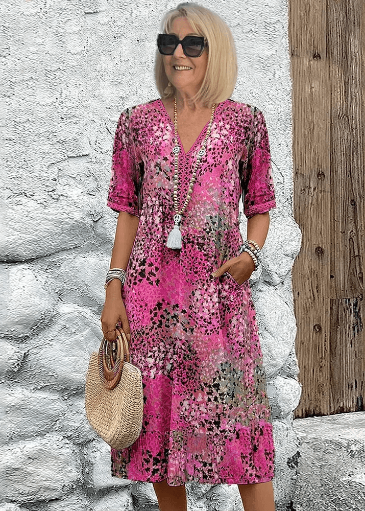 Women’s Floral V-Neck Shift Dress with Pockets and Boho Tassel Detail