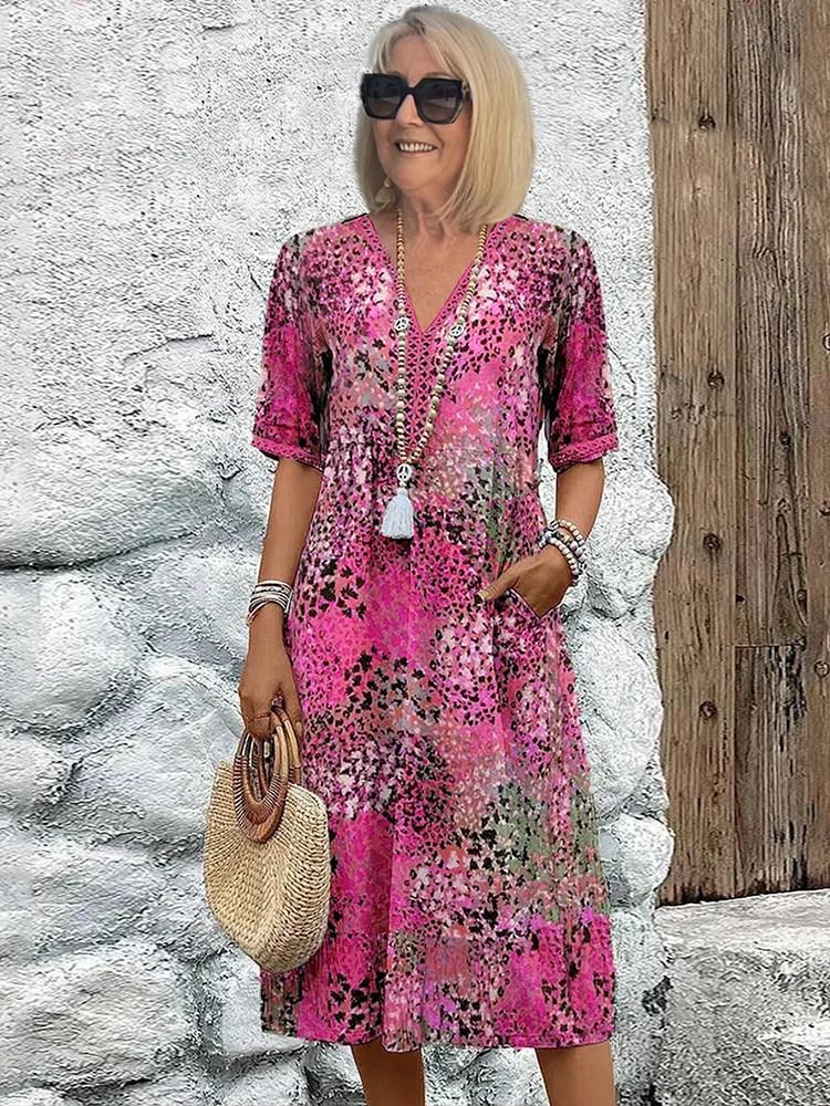 Women’s Midi Dress with V-Neckline and Artisanal Abstract Floral Print