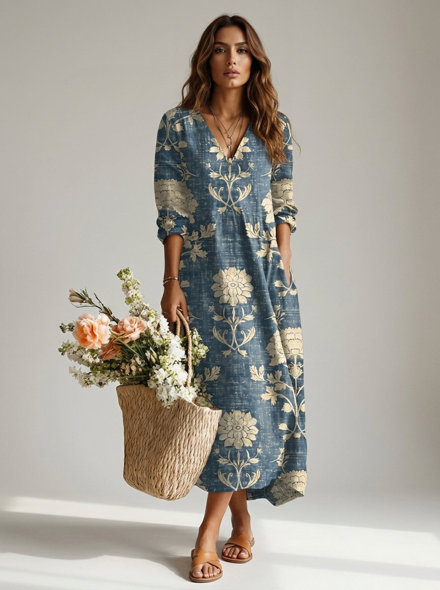Women’s Maxi Dress with Open Split Neck and Functional Side Pockets