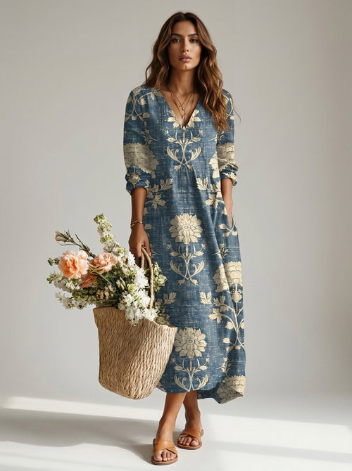 Women’s Maxi Dress with Open Split Neck and Functional Side Pockets