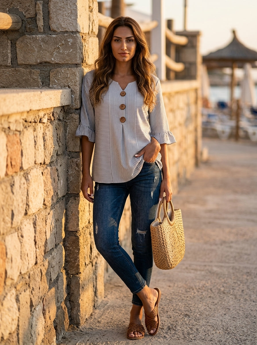Women’s Blouse with Notch V-Neckline and Ruffle Bell Sleeves