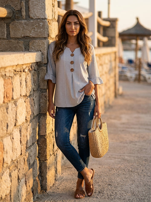 Women’s Blouse with Notch V-Neckline and Ruffle Bell Sleeves