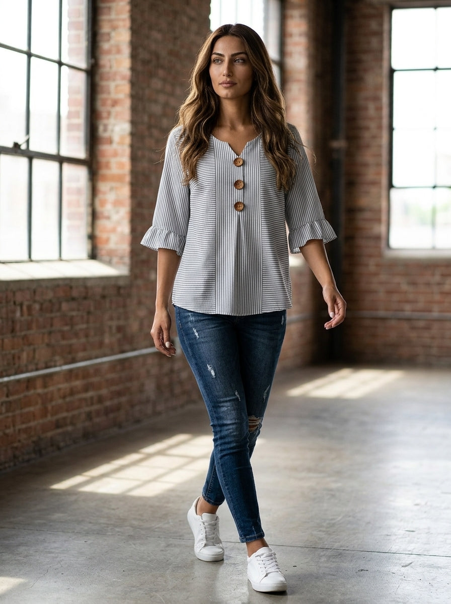 Women’s Blouse with Notch V-Neckline and Ruffle Bell Sleeves
