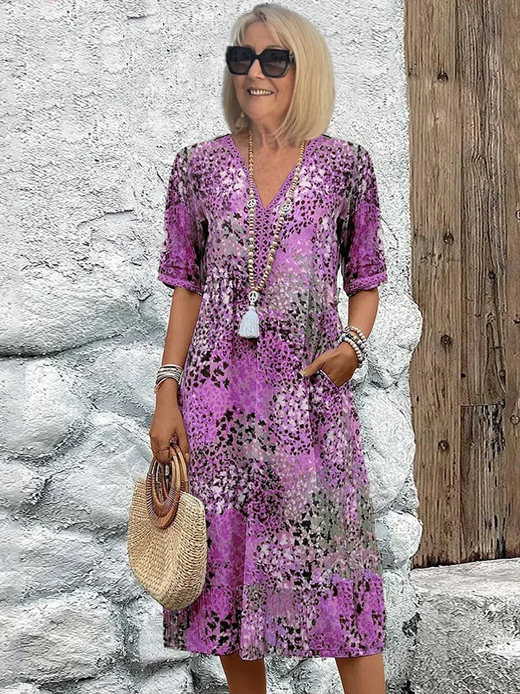 Women’s Midi Dress with V-Neckline and Artisanal Abstract Floral Print