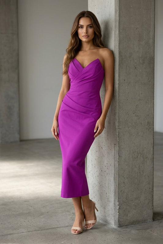 Women’s Midi Dress with Strapless Sweetheart Neckline and Asymmetric Ruching