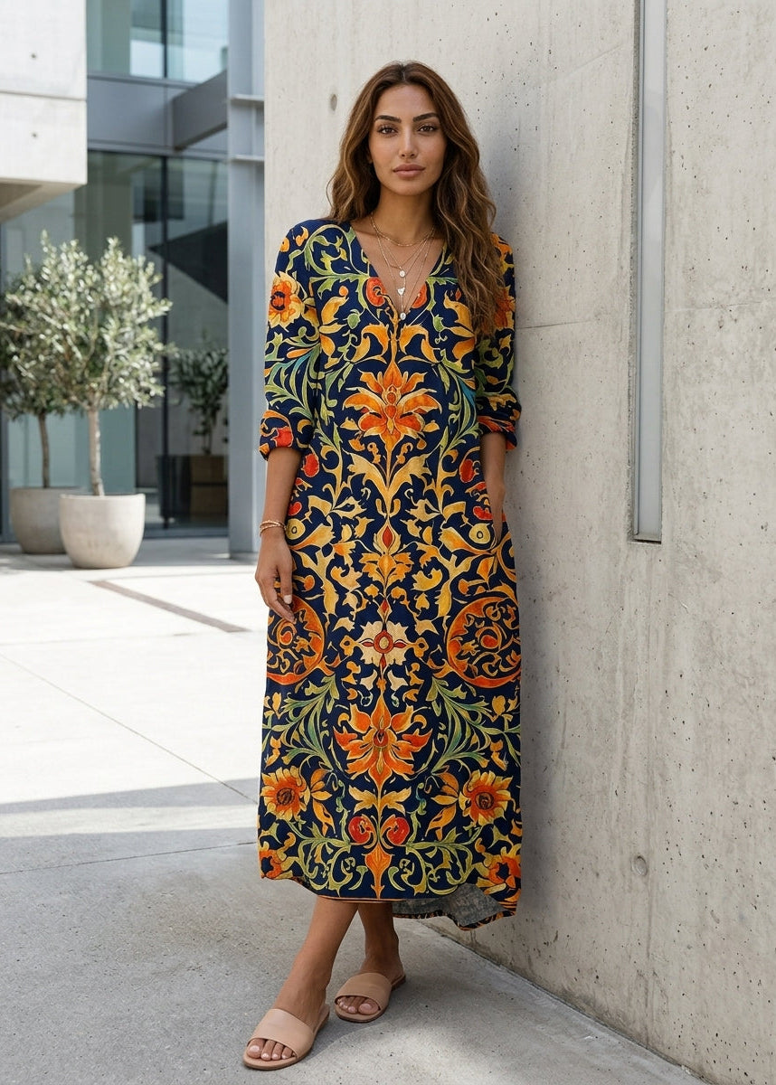 Women’s Maxi Dress with Plunging V-Neckline and Integrated Side Pockets