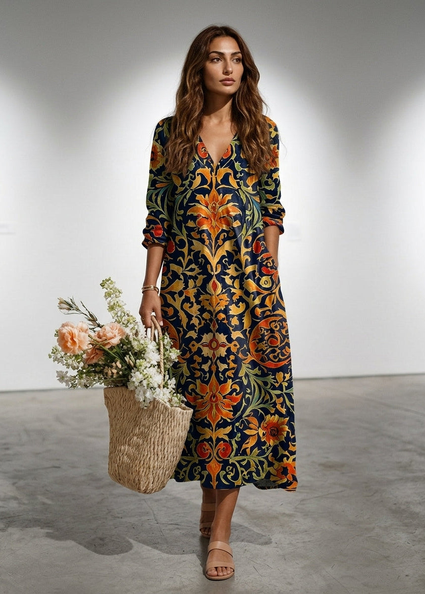 Women’s Maxi Dress with Plunging V-Neckline and Integrated Side Pockets