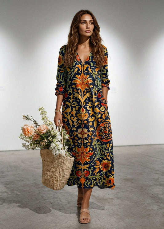 Women’s Maxi Dress with Plunging V-Neckline and Integrated Side Pockets