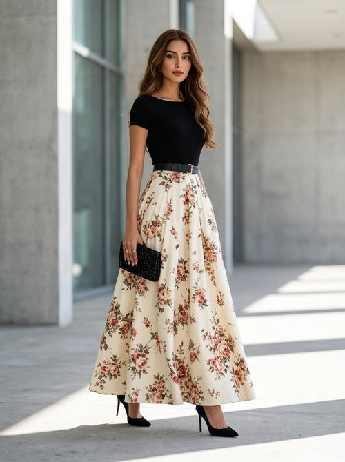 Women’s Boho Floral Midi Dress with Pleated Maxi Skirt and Short Sleeves