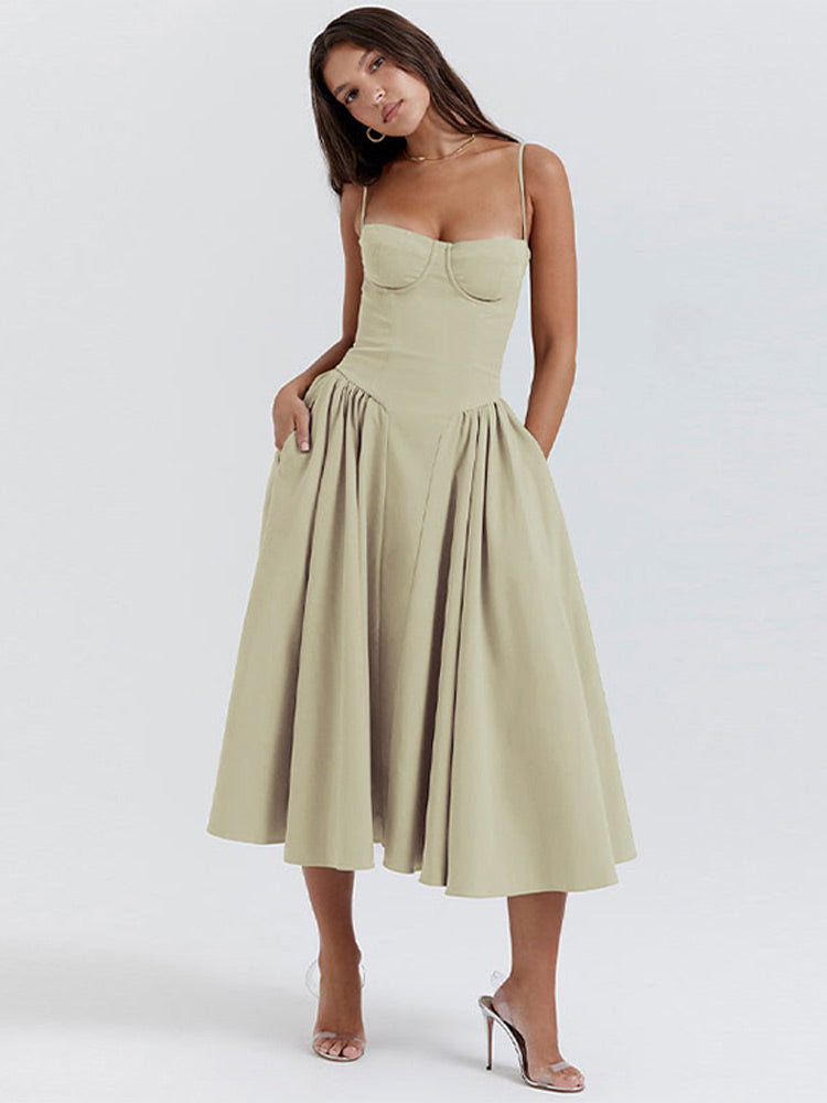 Women’s Corset Midi Dress Basqued Waist with Pockets Wedding Guest Gown