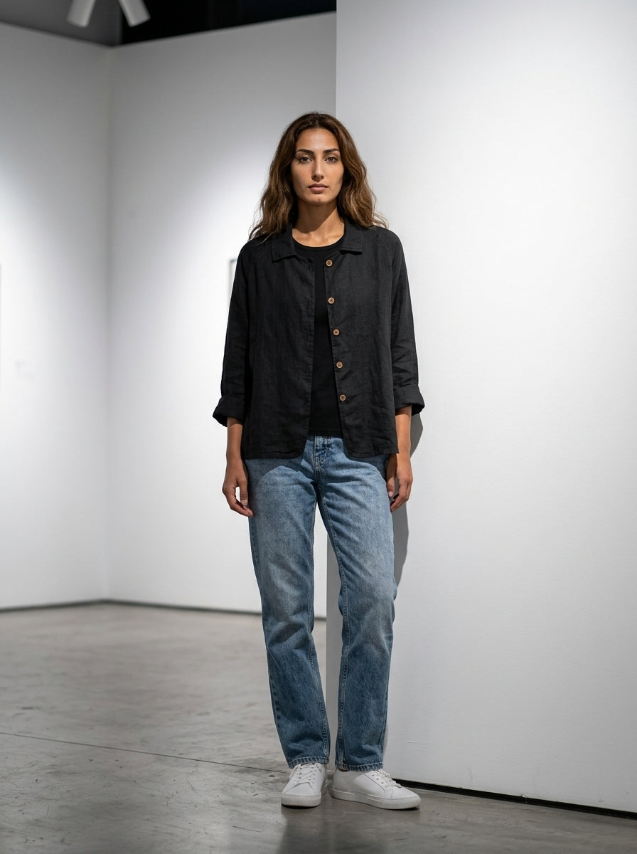 Women’s Linen button-front tunic tops with Three-Quarter Sleeves and Relaxed Fit