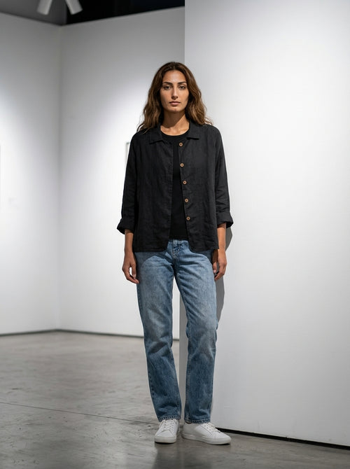 Women’s Linen button-front tunic tops with Three-Quarter Sleeves and Relaxed Fit