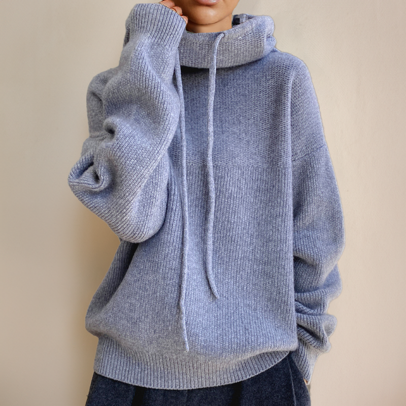 Women's Oversized Knit Pullover Sweater with Cowl Neck and Drawstring Hoodie Detail