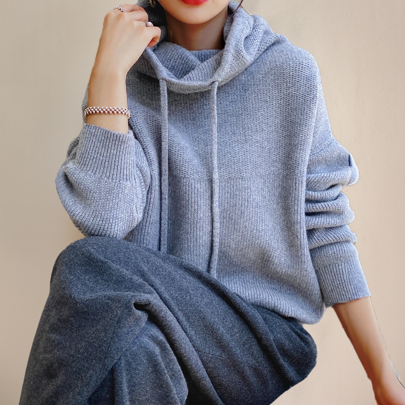 Women's Oversized Knit Pullover Sweater with Cowl Neck and Drawstring Hoodie Detail