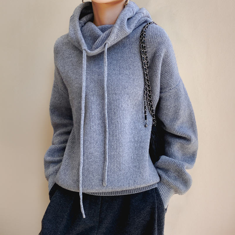 Women's Oversized Knit Pullover Sweater with Cowl Neck and Drawstring Hoodie Detail