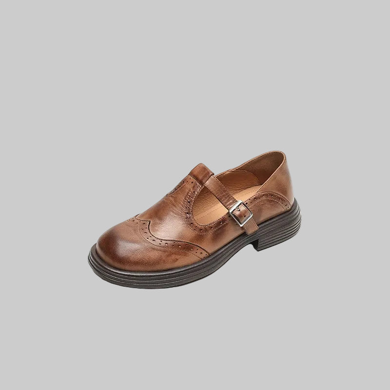 Women’s Mary Jane Shoes Leather Brogue T-Strap with Chunky Low Block Heel