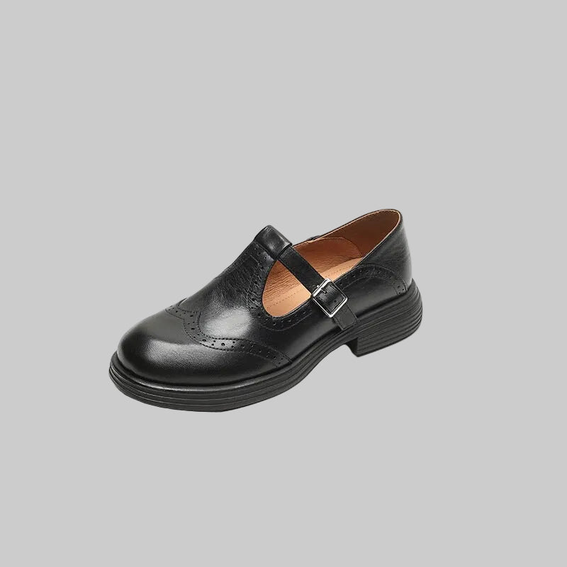 Women’s Mary Jane Shoes Leather Brogue T-Strap with Chunky Low Block Heel
